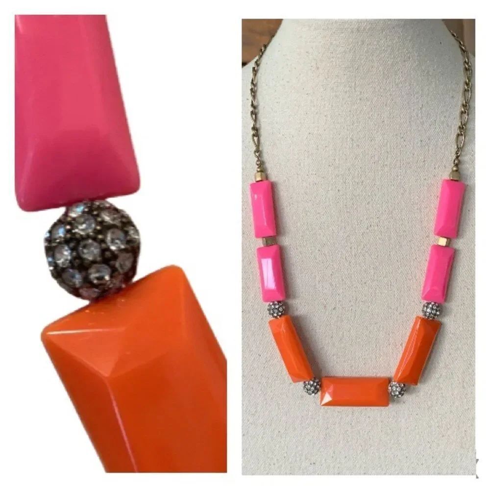 J.Crew Orange & Pink Beaded Statement Necklace Crystal Accents